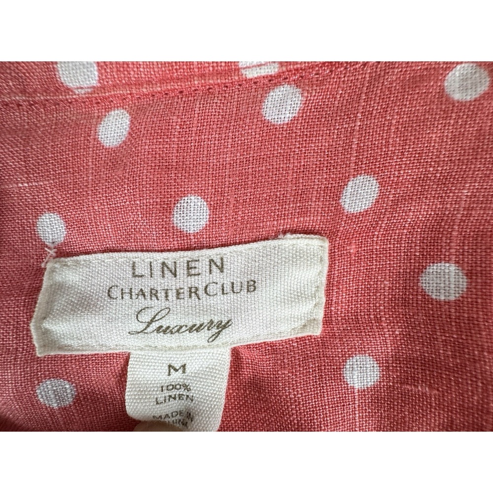 Charter Club Luxury Linen Shirt Womens M Coral Polka Dot Tab Sleeve Button Up - Picture 5 of 10
